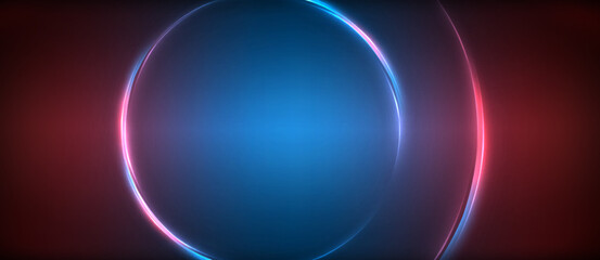 An electric blue and red glowing circle set against a dark background creates a mesmerizing atmosphere of symmetry and pattern, resembling an astronomical object in space