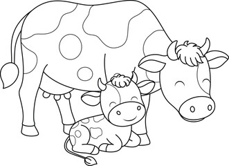 Cute kawaii cow and baby cartoon character coloring page vector illustration. Farm animal, mothers day colouring page for kids