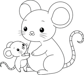 Cute kawaii mouse and baby cartoon character coloring page vector illustration. Wild animal, mothers day colouring page for kids