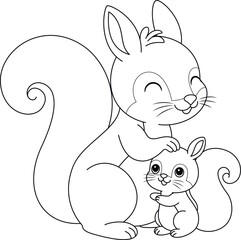 Cute kawaii squirrel and baby cartoon character coloring page vector illustration. Wild animal, mothers day colouring page for kids