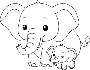 Cute kawaii elephant and baby cartoon character coloring page vector illustration. Wild animal, mothers day colouring page for kids