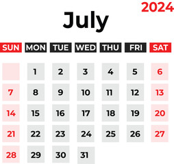 July 2024 monthly calendar design in clean look