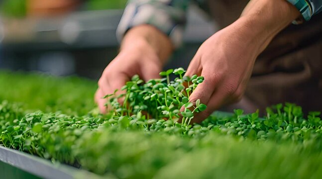 Microgreens background with growing sprouts in female hands
