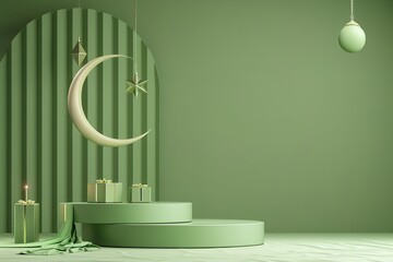 Ramadan Kareem golden crescent moon symbol with stars and Islamic lantern.