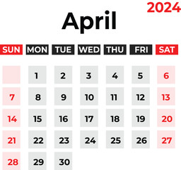 April 2024 monthly calendar design in clean look