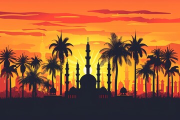 Sunset over desert with muslim mosque in the foreground.