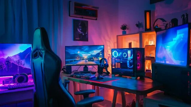 Explore an immersive gaming room setup with a computer, gaming chair, and video games. Perfect for showcasing gaming technology and providing a comfortable gaming experience at home. Ideal for gamers 