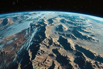 A view of the Earth from space with mountains and a blue sky. Concept of awe and wonder at the beauty of our planet