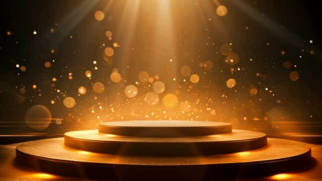 A podium with golden light lamps background. Golden light award stage with rays and sparks.