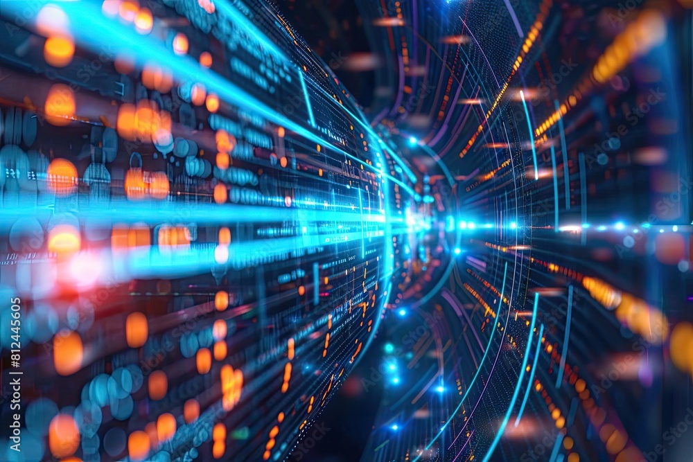 Poster a computer generated image of a tunnel with a blue and orange light. the tunnel is filled with a ser