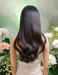 Naklejka premium 黒髪女性の後ろ姿 たくさんの花や緑がある