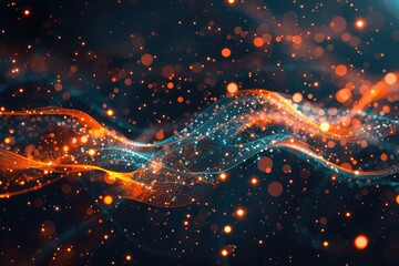 Obraz premium A blurry image of a wave with orange and blue streaks. The image is abstract and has a dreamy, ethereal quality
