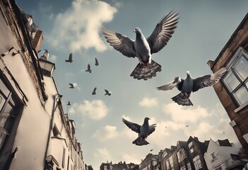 古い街の通りを飛ぶ鳩たち