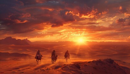 Show a dramatic sunset over the desert, casting long shadows across the sand dunes, with a small group of nomads setting up camp