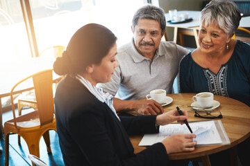Senior couple, explain and lawyer with documents for retirement plan, financial advice and will at home. Old man, elderly woman and attorney with paperwork, budget negotiation and legal agreement