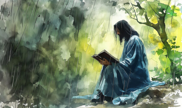 Jesus Christ reading a bibo in forest on heavy rain for hopes and spirit of dream.  Digital watercolor painting illustration