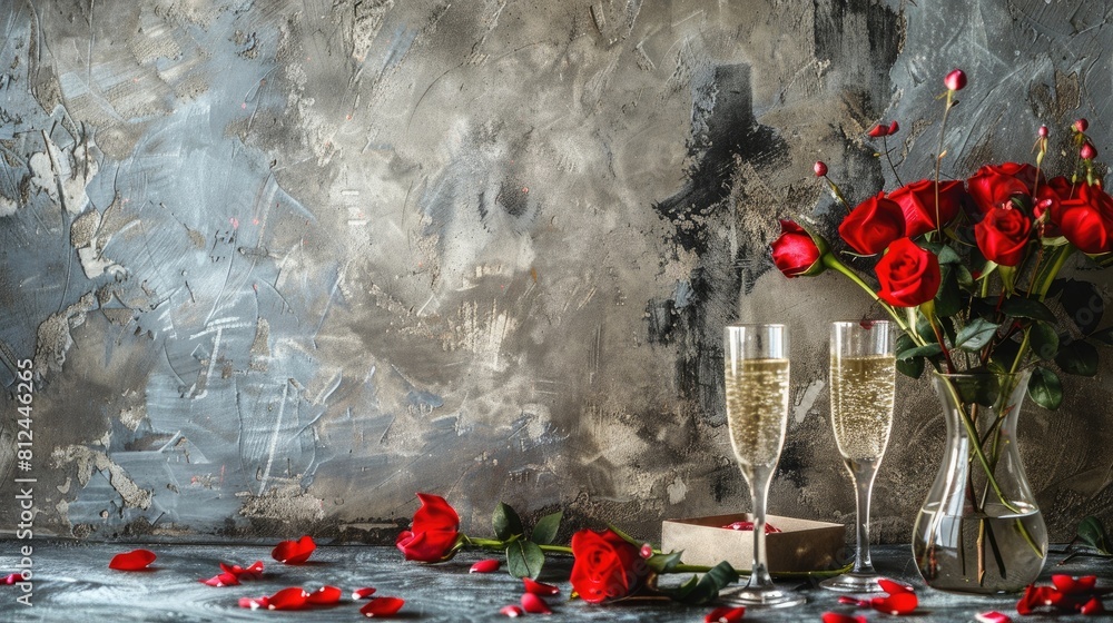 Canvas Prints A romantic Valentine s Day table is elegantly adorned with vibrant red roses and delicate champagne glasses set against a stylish concrete backdrop accompanied by a heartfelt Valentine s gr