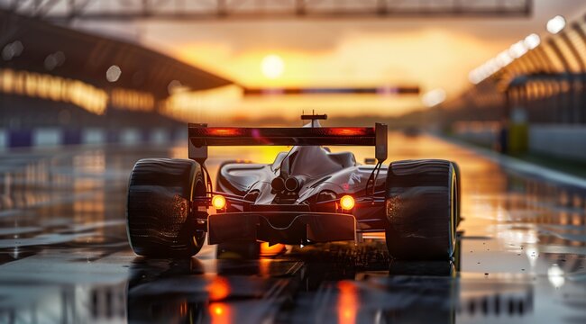 Photorealistic Cinematic Shot of F2 Car on Track, Full Front View of F3 with Lights On