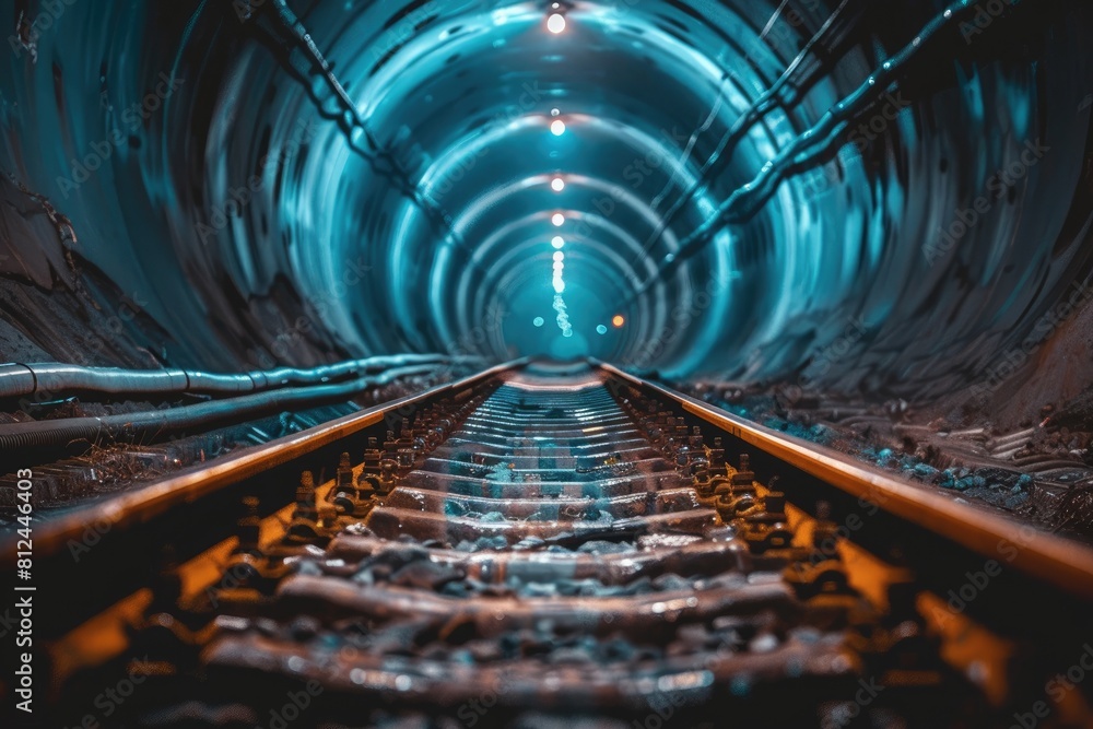 Poster a train track with a tunnel in the background. the tunnel is dark and the train is not visible