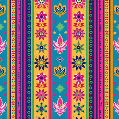 
A vibrant Indian truck art pattern with colorful motifs, traditional folk patterns and geometric shapes, suitable for textile printing