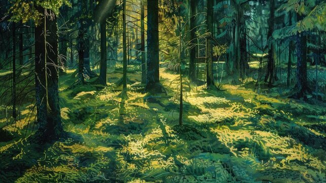 Celebrate Earth Day surrounded by the vibrant greenery of a forest where moss carpets the ground and sunlight filters through the trees in a mesmerizing abstract glow