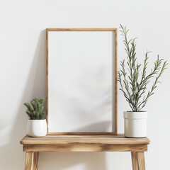 wooden frame on a wooden table against white wall.