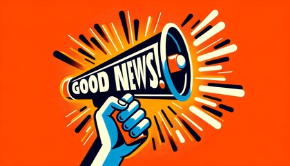 a hand holding a megaphone from which the words "GOOD NEWS!" burst forth, set against an energetic orange background