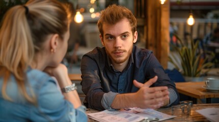 A young man explains his idea in business to an adult female colleague at work
