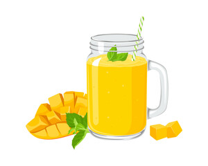 Mango smoothie in mason jar glass with straw isolated on white background. Yellow milkshake. Vector cartoon illustration.
