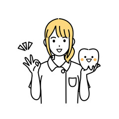 歯の状態を褒める歯医者、歯科衛生士の女性のイラスト