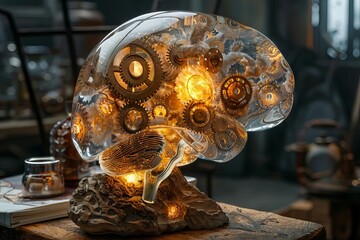 A visionary scene of a brain, gears visible through a crystalclear casing, illuminated by an internal light source