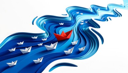 a lone red paper boat leading a fleet of white boats across swirling blue waves