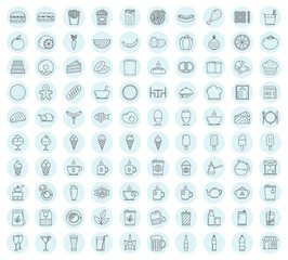 100 Food and drinks line icons - fast food, fruits and vegetables, tea and coffee, bakery