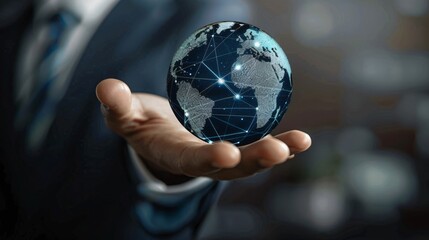 A person in a suit and tie is holding a 3D model of the Earth