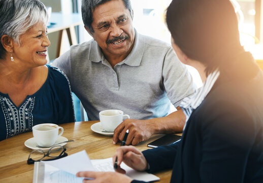 Senior couple, discussion and financial advisor with documents for retirement plan, budget advice and will at home. Old man, elderly woman and attorney with paperwork, negotiation and legal agreement