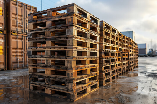 Wooden supports for the maritime container transport industry. Industrial and container transport concept.