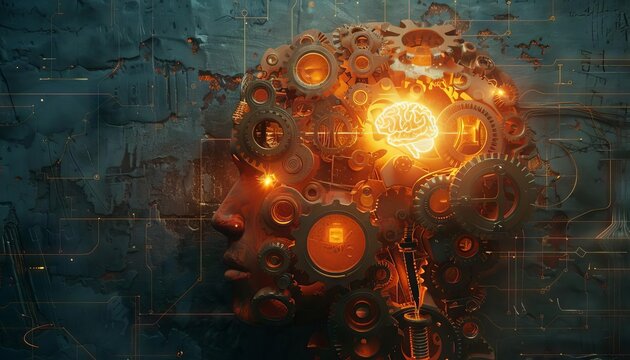 A visual metaphor depicting a brain as a factory, with gears producing bright ideas as products