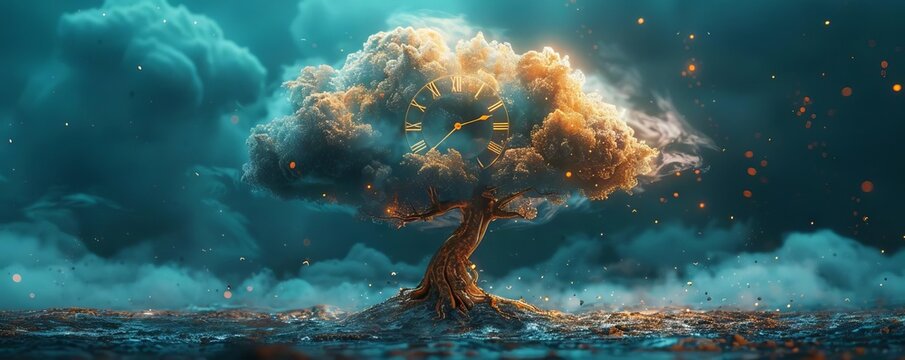 A visual metaphor of a cloud with roots extending into an ancient clock tower, illustrating the deep connections between cloud technology and historical timekeeping