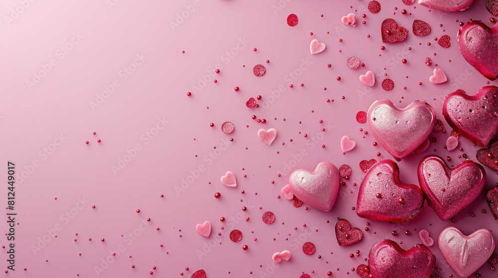 Poster a pink background with a bunch of hearts scattered around it. the hearts are of different sizes and 
