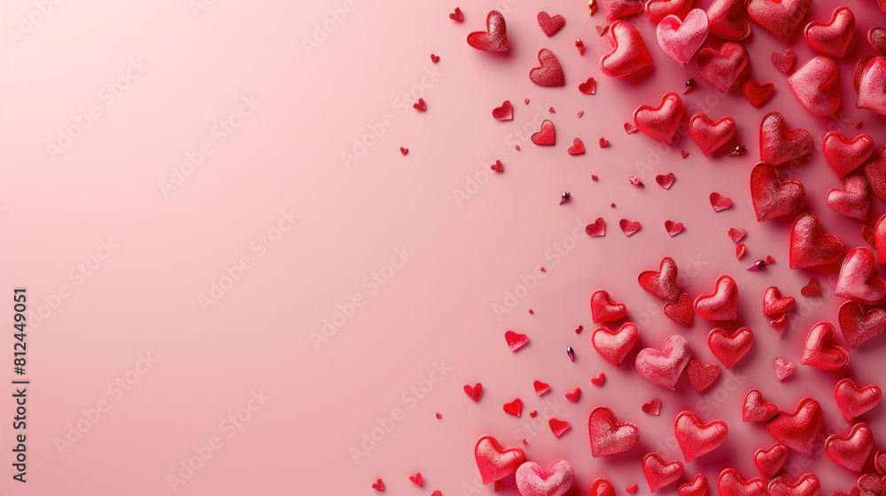 Poster a pink background with a large number of red hearts scattered around it. concept of love and affecti