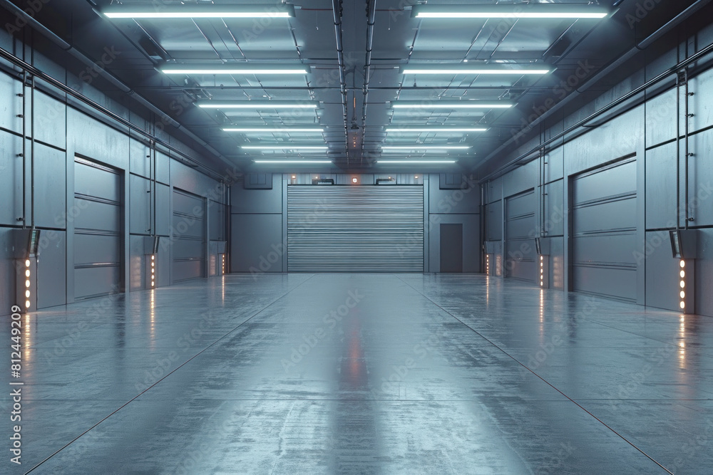 Poster a large, empty warehouse with a bright, white ceiling. the space is empty and features a large door 