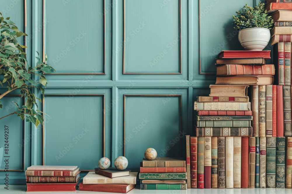 Poster a wall with a green background and a row of books on it. the books are of different sizes and colors