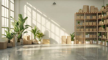 A large empty room with a white wall and a large window. Boxes are stacked against the wall and potted plants are placed throughout the room. The room has a clean and organized appearance