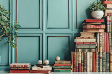 A wall with a green background and a row of books on it. The books are of different sizes and...