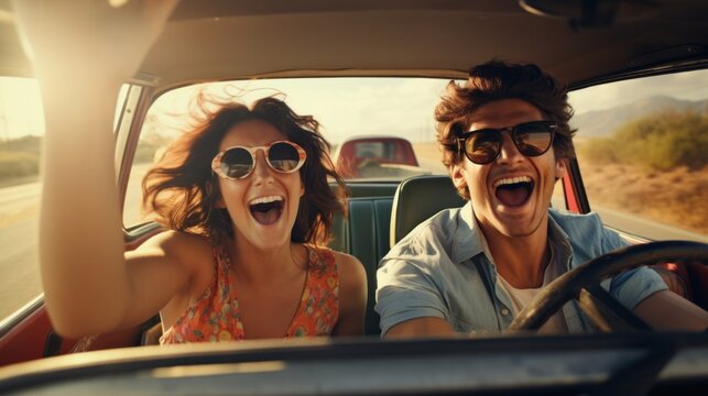 Cheerful young couple driving in a car. Enjoying road trip. Young man driving car with woman enjoying - Powered by Adobe