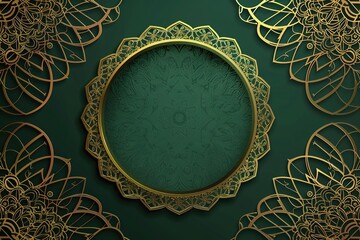 landscape greeting banner card composition with empty center insert text copy space 3d concept render in green and gold scheme with arabic arch,