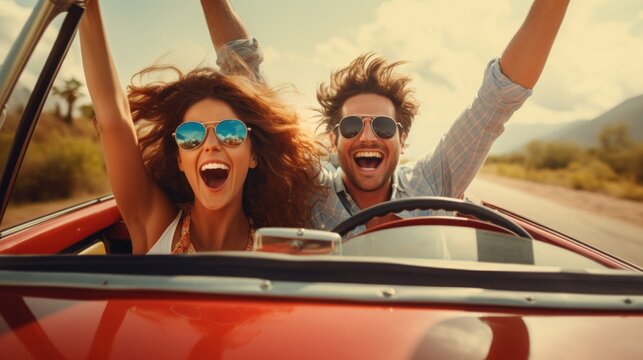 Cheerful young couple driving in a car. Enjoying road trip. Young man driving car with woman enjoying