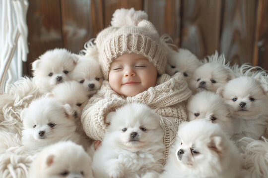 A baby wearing a hat is surrounded by a group of puppies. The baby is smiling and he is enjoying the company of the puppies