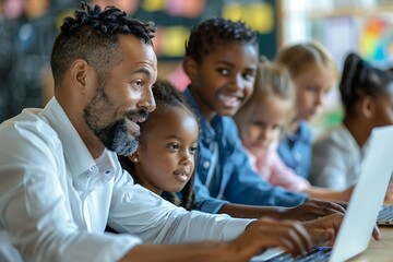 Diverse group of children with male teacher using laptop together in modern school classroom