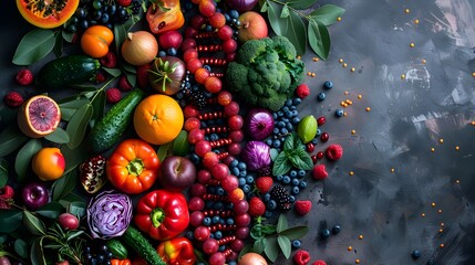 Healthy food diet background with Vivid DNA double helix interwoven code structure and colourful fruit and vegetable. GMO balanced eating, proper nutrition concept 3d digital art with copy space